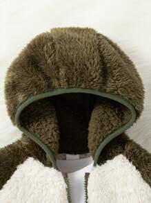 SHEIN Baby Boy Contrast Color Patchwork Hooded Plush Jacket For Winter - Green - View 6