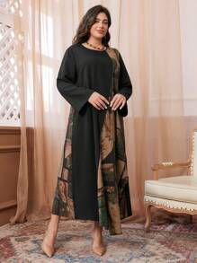 Mulvari Plus Size Autumn Casual Patchwork Print Asymmetrical Dress Maxi Women Outfit - Black - View 6