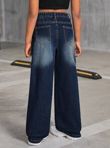 SHEIN Tween Girl Y2K Fashion Retro Washed High Waist Distressed Ripped Straight Leg Jeans, Back To School Casual Clothes - Dark Wash - View 2