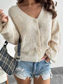 SHEIN Privé 女士优雅休闲花卉提花纽扣宽松开衫，适合居家、通勤、秋冬季 - 杏色 - 查看 4