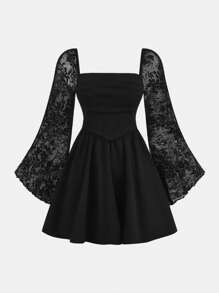 SHEIN Leap Crew Váy suông ren xòe tay loe cổ vuông màu đen trơn cho bé gái tuổi mới lớn, mặc hàng ngày vào mùa thu đông, váy mùa đông cho ngày lễ, cho lễ Halloween - trắng - Xem 3