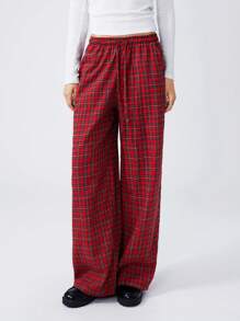 LYSMO 1 pieza Pantalones casuales con atar al frente a cuadros navideños para uso diario de mujer