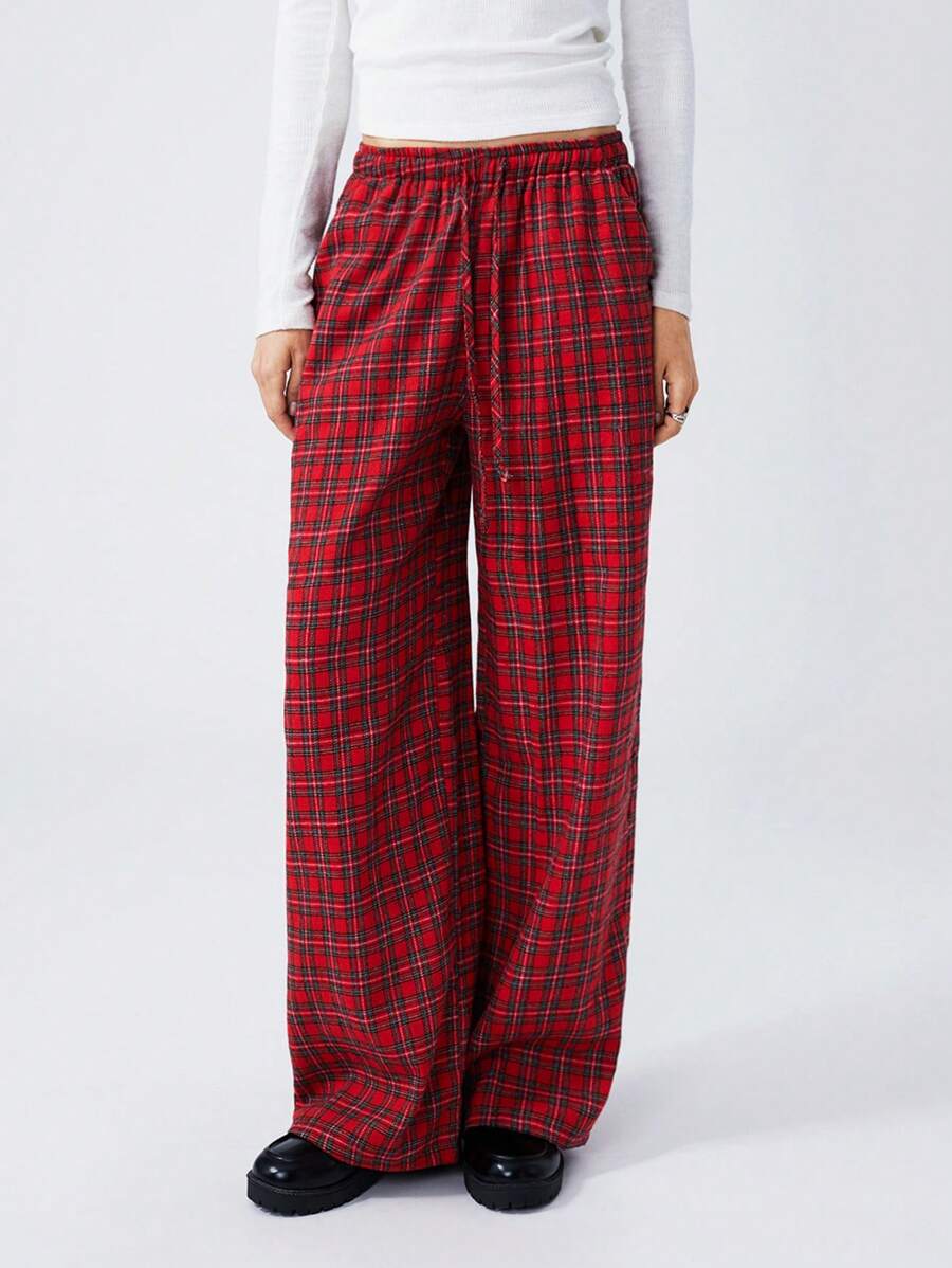 LYSMO 1 pieza Pantalones casuales con atar al frente a cuadros navideños para uso diario de mujer