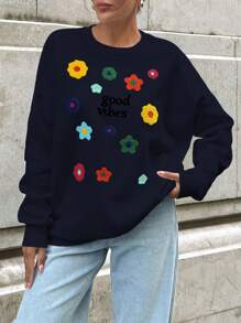 EURMUSE Floral Embroidery Round Neck Drop Shoulder Sweatshirt - Black - View 3