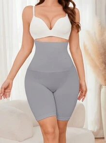 Solid Color High Waist Skinny Control Shorts, Suitable For Everyday Wear
