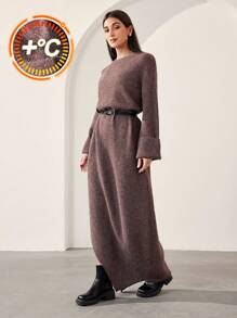 Veilorie 女士休闲宽松落肩侧开衩毛衣裙，简约设计，适合秋冬季节 - 摩卡棕 - 查看 1