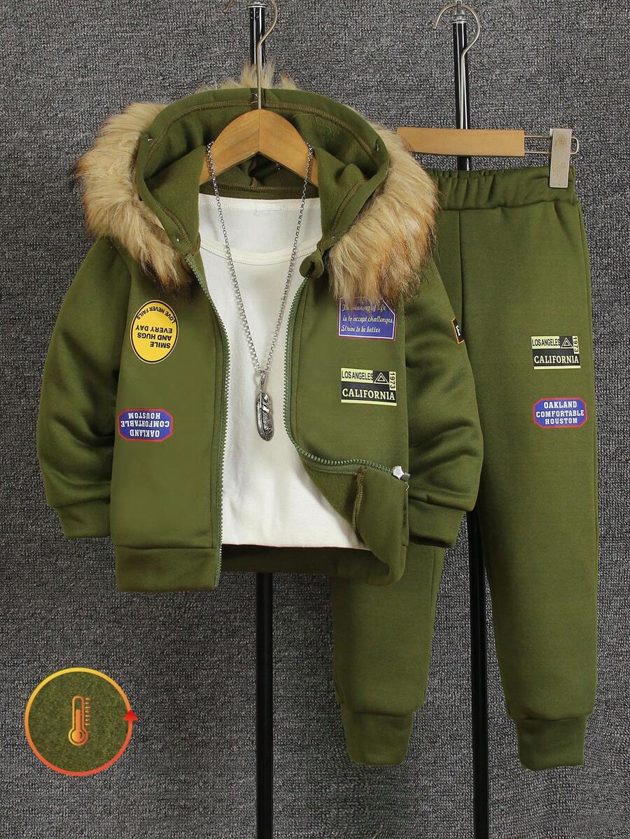 SHEIN Genkimix Kids 2 件年轻男童字母印花长袖拼接蓬松连帽夹克和裤子套装,冬季休闲男童冬装套装男童冬季套装男童套装冬季 2 件冬季套装 - 軍綠色 - 查看 1