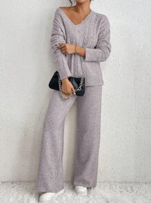 Chiquease 2pcs/Set Solid V-Neck Cable Pattern Long Sleeve Pullover Sweater And Long Underwear, Casual - Dusty Purple - View 5