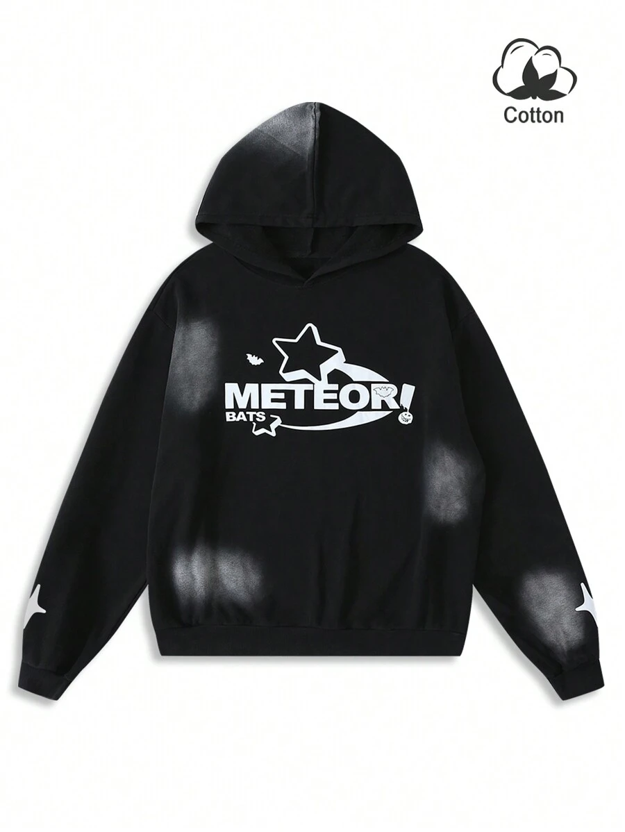 Manfinity EMRG Men's Long Sleeve Letter Print Minimalist Hoodie, Casual For Daily Wear - Black - View 1