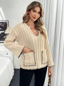 Chiquease Kontrast-Farbener Pullover mit stilvollem Design, lässiger, entspannter Strickpullover für Herbst und Winter - Aprikosenfarben - Übersicht 5