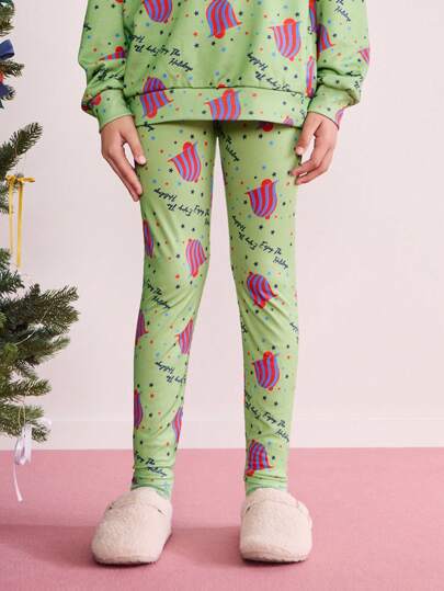 SHEIN Leggings de cintura elástica ajustados y versátiles con estampado de letras verdes navideñas, para niñas preadolescentes, otoño/invierno
