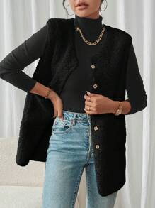 SHEIN Frenchy 秋冬女士纯色前扣无袖口袋休闲常规夹克 - 黑色 - 查看 5