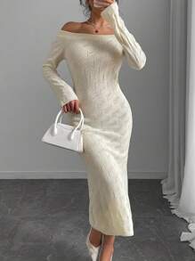 Flirla Sweet Casual Minimalist Versatile Women Apricot Perforated Textured Off Shoulder Long Sleeve Knit Sweater Dress, Autumn/Winter - Apricot - View 5