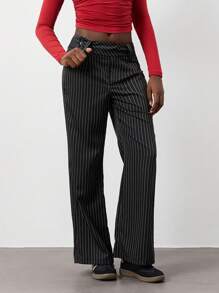 Lunelith SHEIN Lunessa 1pc Office Lady Black Striped High Waist Straight Leg Trouser, Fashion Formal Workwear, Autumn/Winter