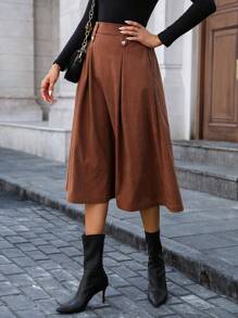Women Button Design Pleated Mid-Length A-Line Corduroy Skirt, Elegant - Chocolate Brown - View 4