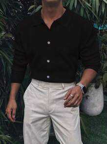 Manfinity Homme Áo khoác cardigan cài nút tối giản thường ngày cho nam, mặc hàng ngày vào mùa thu/đông Áo sơ mi đen cho nam Áo sơ mi đen nam - màu đen - Xem 1
