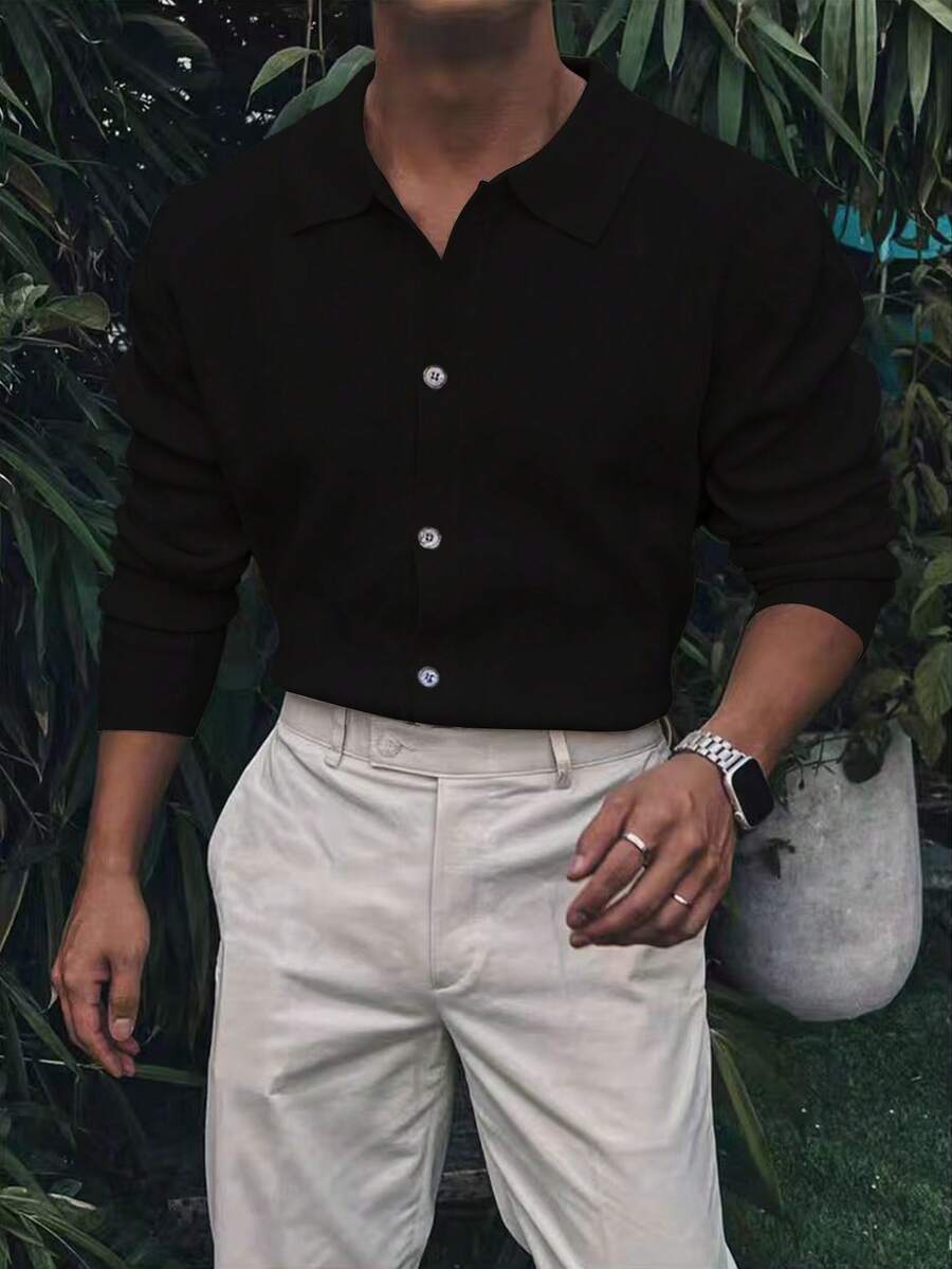 Manfinity Homme Áo khoác cardigan cài nút tối giản thường ngày cho nam, mặc hàng ngày vào mùa thu/đông Áo sơ mi đen cho nam Áo sơ mi đen nam - màu đen - Xem 1