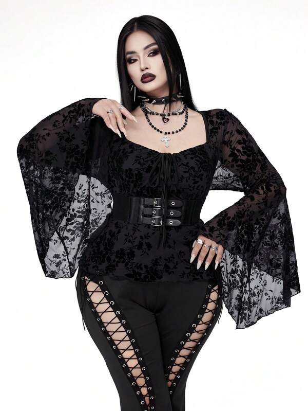 Whyspr Goth Punk Plus Size Gothic Punk Square Neck Front Tie Long Flare Sleeve Lined Women T-Shirt For Spring Outfit