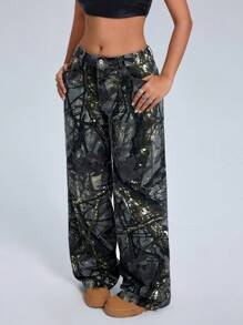 SHEIN ICON Quần Jeans Rách Cạp Thấp In Khắp Thân Cho Nữ, Quần Jeans Rách Thường Ngày Rộng Rãi, Quần Jeans Rộng Hông - Nhiều màu - Xem 4