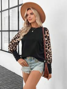 SHEIN LUNE Women Textured Waffle Knit Long Sleeve Leopard Print Cuff Button Top, Suitable For Autumn & Winter