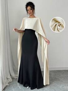 Elenzga 2-In-1 Splice Poncho & Beaded Accent Splice Dress Maxi Women Outfit - Multicolor - View 7