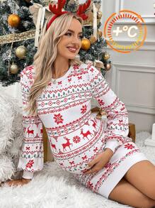 SHEIN Maternity Christmas Round Neck Drop Shoulder Bodycon Long Sleeve Dress, Bodycon Dress, Autumn