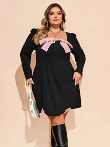 SHEIN CURVE+ Curve Plus Size Pink Bow Front Puff Sleeve Curved Hem Black Dress, Autumn Valentine's Day Christmas Party