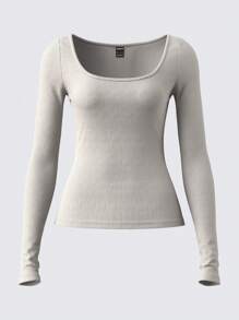 SHEIN BASICS Áo thun nữ tay dài cổ tròn dệt kim màu trơn đơn giản ôm vừa vặn - Màu vàng - Xem 3