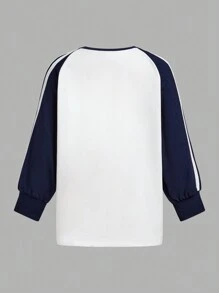 SHEIN 2 件装年轻女孩条纹拼布休闲运动 T 恤套装，舒适简约运动圆领 T 恤，适合跑步、骑自行车 - 彩色 - 查看 6
