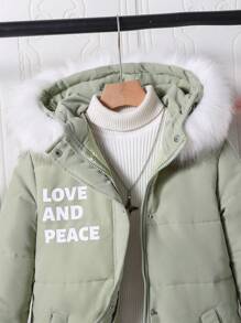 Tween Girl Winter Slogan Print Zipper Front Patchwork Fluffy Hooded Padded Coat - Mint Green - View 5