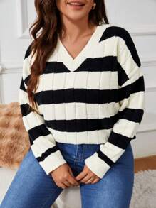 SHEIN VCAY Suéter holgado casual de cuello en V con estampado de rayas y contraste de color tallas grandes