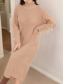 Seusyu Women Solid Color Turtleneck Fringe Trim Long Sleeve Sweater Dress Fall Cloth For Women - Apricot - View 5