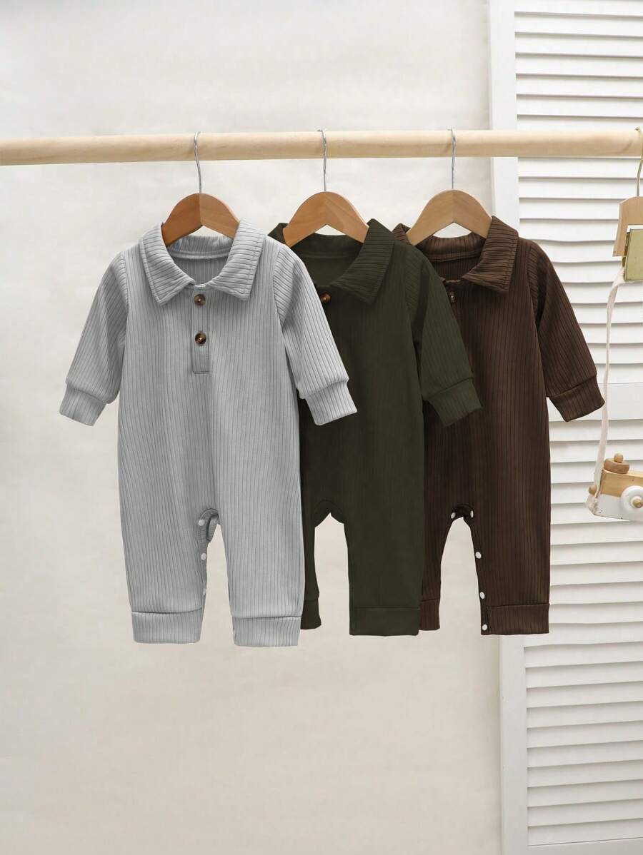 SHEIN 男婴 3 件套 - 时尚翻领长袖连体衣，多色裤子，休闲风格，春秋 - 軍綠色 - 查看 1