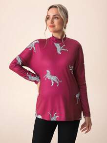 SHEIN Camiseta de manga larga con hombros caídos y estampado de leopardo rojo para maternidad, talla pequeña - Multicolor - Ver 6