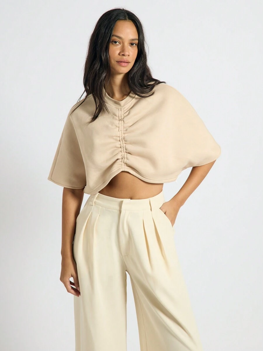 AiiRZ Ruched Front Round Neck Oversized Crop T-Shirt - Khaki - View 1