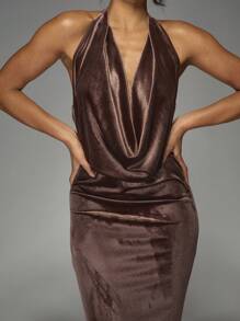 MISSGUIDED Velvet Cowl Halter Neck Backless Fishtail Hem Maxi Dress - Brown - View 3