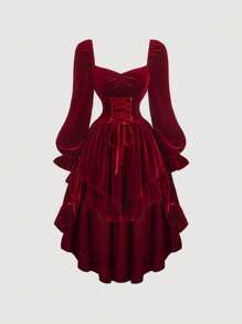 SHEIN MOD Vestido de terciopelo rojo con cintura alta, dobladillo asimétrico y cierre delantero en estilo vintage - Vestido formal, vestido de playa para mujer, vestido de fiesta, vestido para Año Nuevo, vestido de mujer, vestido de vacaciones, vestido de Acción de Gracias - Burdeos - Ver 1