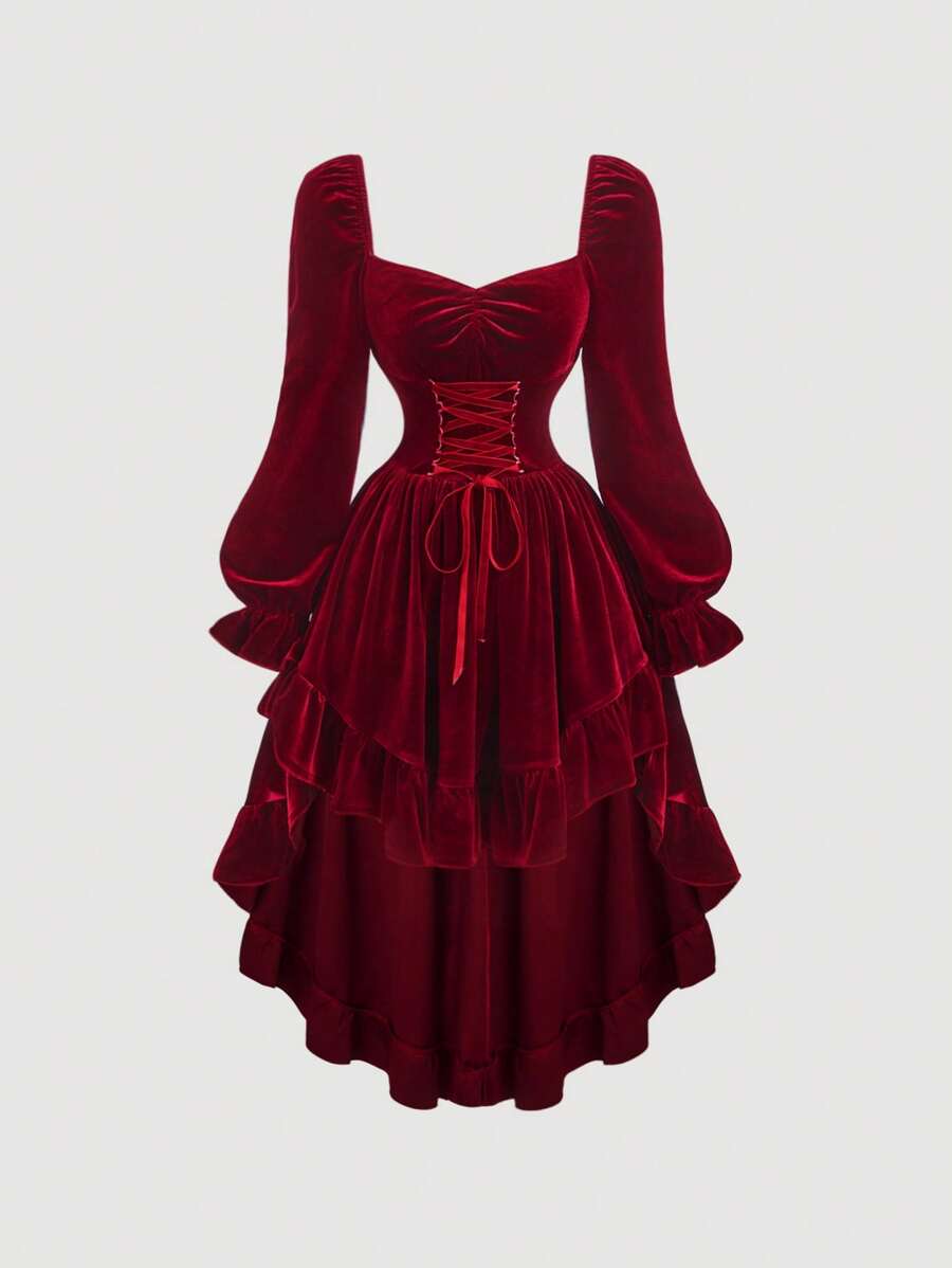 SHEIN MOD Vestido de terciopelo rojo con cintura alta, dobladillo asimétrico y cierre delantero en estilo vintage - Vestido formal, vestido de playa para mujer, vestido de fiesta, vestido para Año Nuevo, vestido de mujer, vestido de vacaciones, vestido de Acción de Gracias - Burdeos - Ver 1