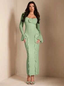 SHEIN BAE Elegant Women's Long Sleeve Fitted Shirt, Floral 3D Decor Ruffle Trim Long Maxi Dress, Suitable For Daily Wear, Dating, Outing, Party, Fall Outfits