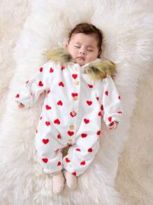 SHEIN Newborn Baby Girl Cute White Heart Pattern Fleece Hooded Jumpsuit, Autumn/Winter - White - View 6