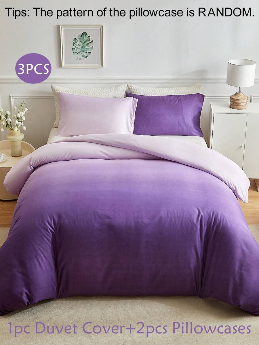 3pcs Ombre Purple Polyester Duvet Cover Set, Minimalist & Fashionable Bedding Set Suitable For All Seasons - Multicolor - View 1