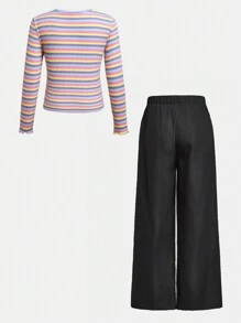 SHEIN 2 pièces Ensemble de Top à manches longues en tricot à encolure ronde rayé et pantalon droit pour filles pré-adolescentes, style de rue - Multicolore - Voir 3