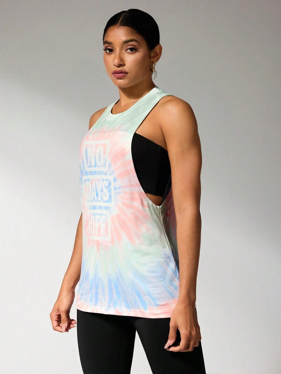 SHEIN Sports Áo ba lỗ thể thao thường ngày rộng rãi cổ tròn in chữ, mùa hè - Màu xanh lam - Xem 1