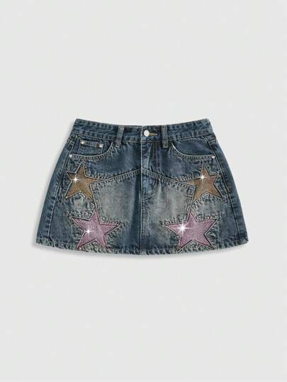 Grunge Punk Jupe mini en jean avec étoiles en strass pour femmes