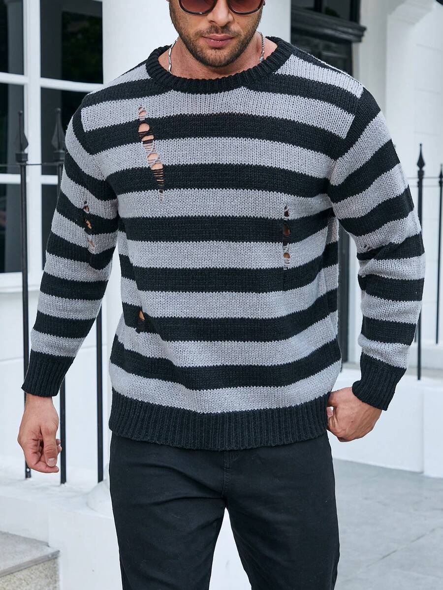 Manfinity LEGND Plus-Size Men's Dark Gothic Ripped Black And Gray Striped Crew-Neck Halloween Long-Sleeved Sweater - Black - View 1