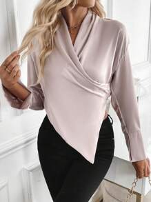 Chiquease Blouse en satin pour femmes, élégante pour les déplacements, couleur champagne violacé, col à volants, fini satin doux et de qualité supérieure, pull, manches longues - Mauve - Voir 1