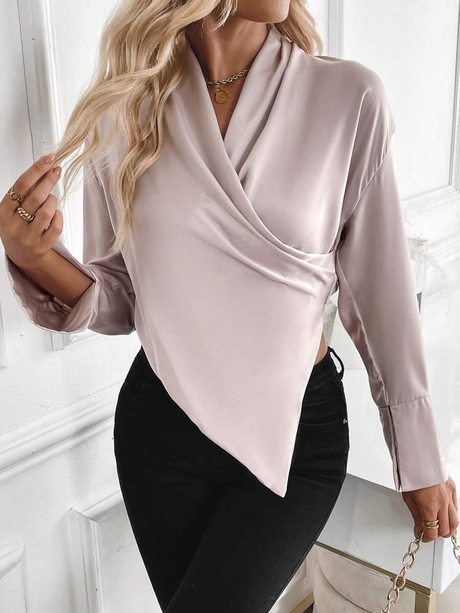 Chiquease Blouse en satin pour femmes, élégante pour les déplacements, couleur champagne violacé, col à volants, fini satin doux et de qualité supérieure, pull, manches longues - Mauve - Voir 1