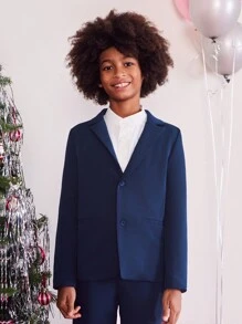 SHEIN Tween Boy 蓝色圣诞新年门襟长袖简约休闲套装，秋冬 - 寶藍色 - 查看 1