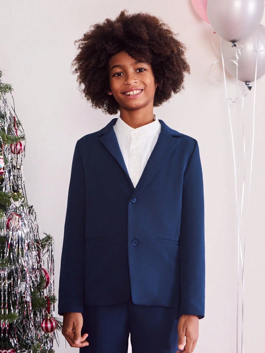 SHEIN Tween Boy 蓝色圣诞新年门襟长袖简约休闲套装，秋冬 - 寶藍色 - 查看 1