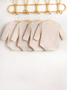 SHEIN Newborn Envelope Collar Long Sleeve Multi-Piece Bodysuit Set - Apricot - View 2